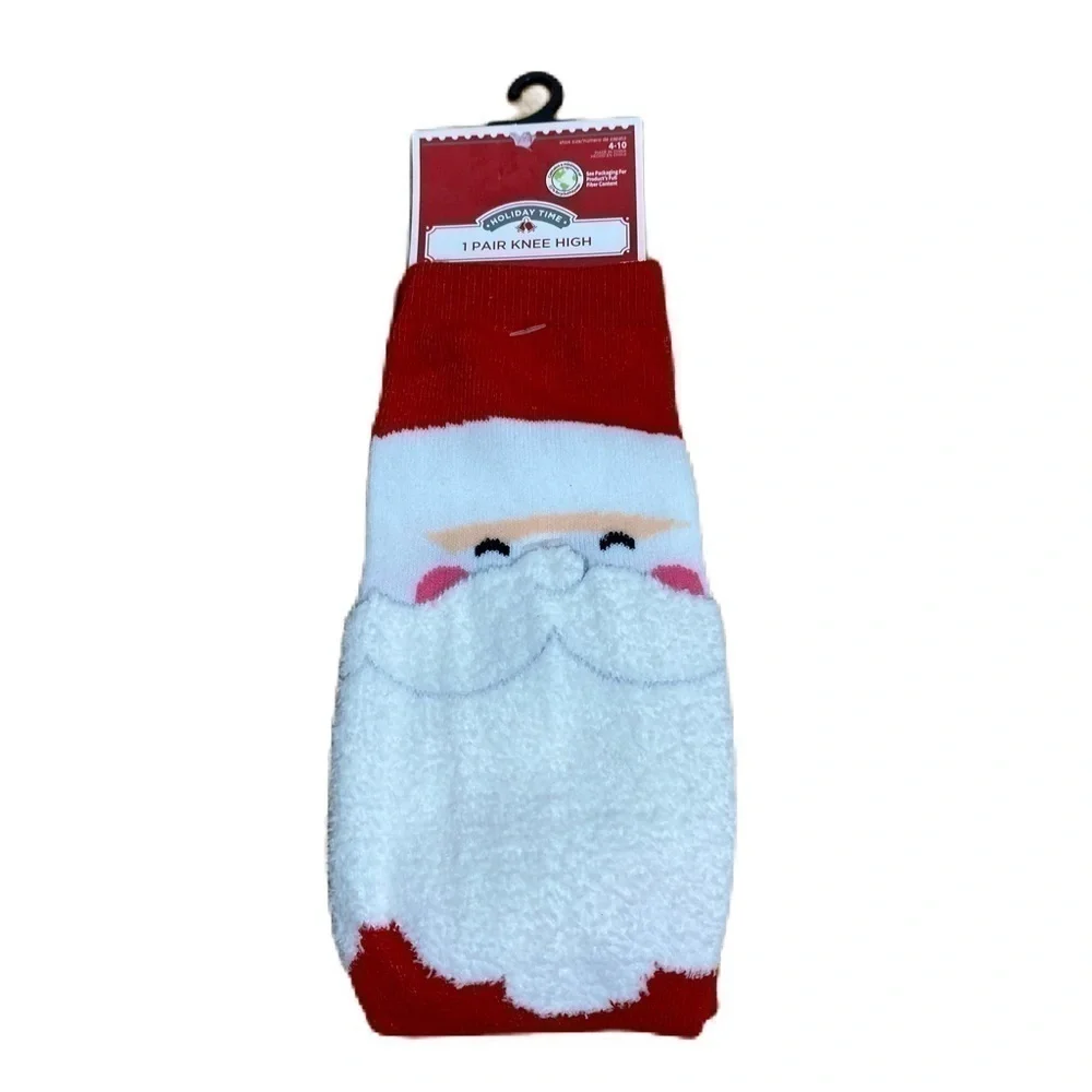 Santa Claus Knee High Socks Women’s New Sz 4-10 Christmas Red White